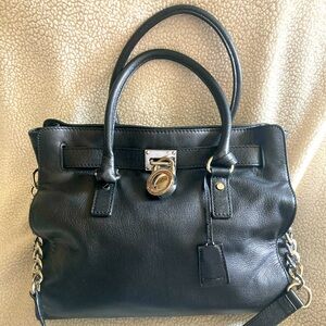 Michael Kors Hamilton Satchel Shoulder bag Luxurious Saffiano Black Leather EUC!